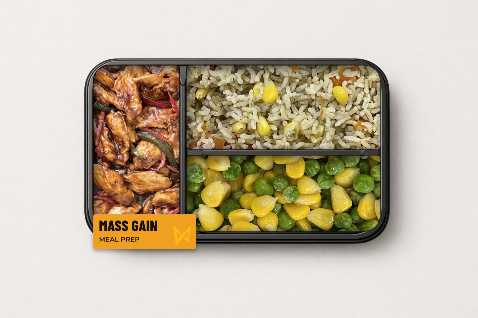 Black pepper chicken with brown rice, peas and corn