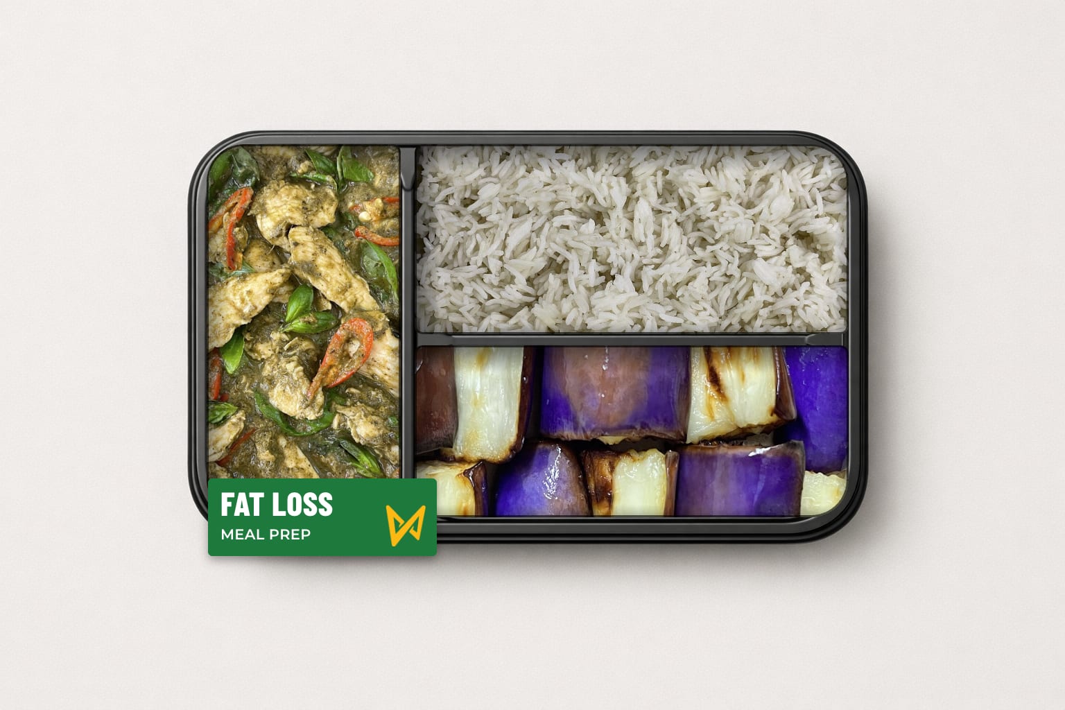 Green curry chicken with basmati rice and baked eggplant
