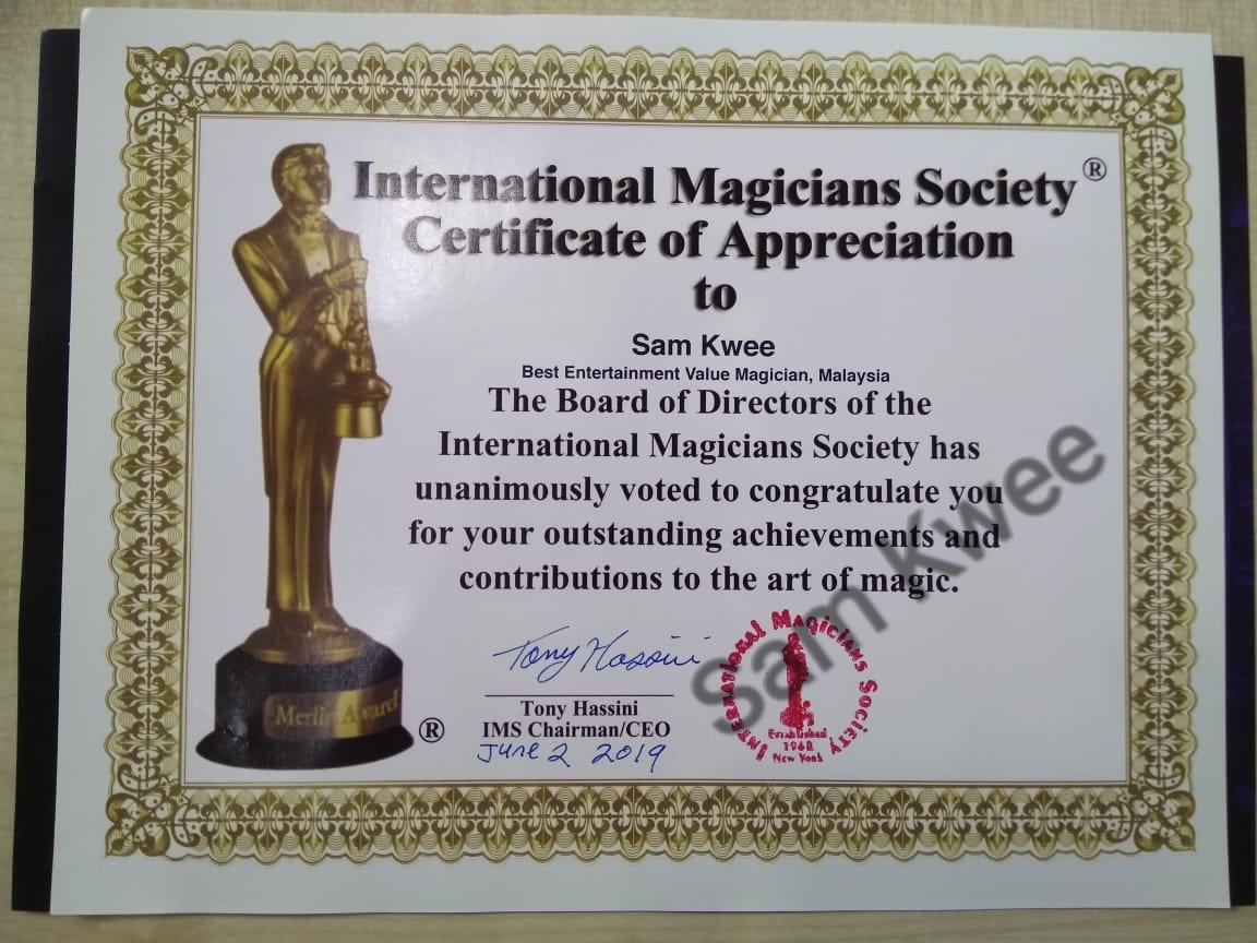 International Magicians Society Certificate of Appreciation
